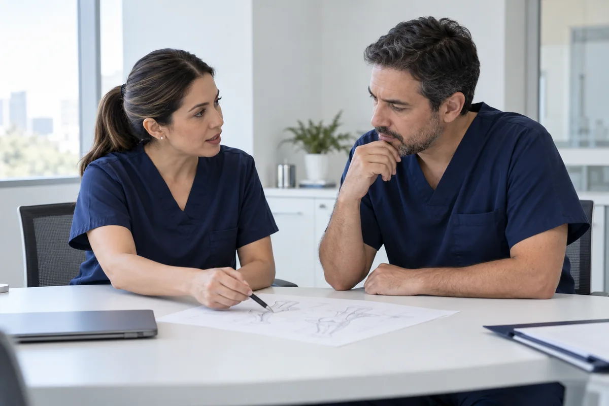 Dos profesionales de la salud conversan sobre planificación en un entorno clínico.